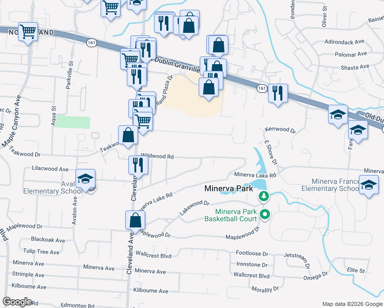 map of restaurants, bars, coffee shops, grocery stores, and more near 2662 Wildwood Road in Columbus