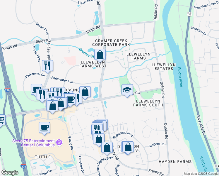 map of restaurants, bars, coffee shops, grocery stores, and more near 5500 Frantz Road in Dublin