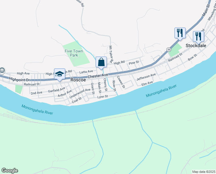 map of restaurants, bars, coffee shops, grocery stores, and more near in Roscoe