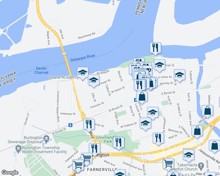 map of restaurants, bars, coffee shops, grocery stores, and more near 237 Talbot Street in Burlington