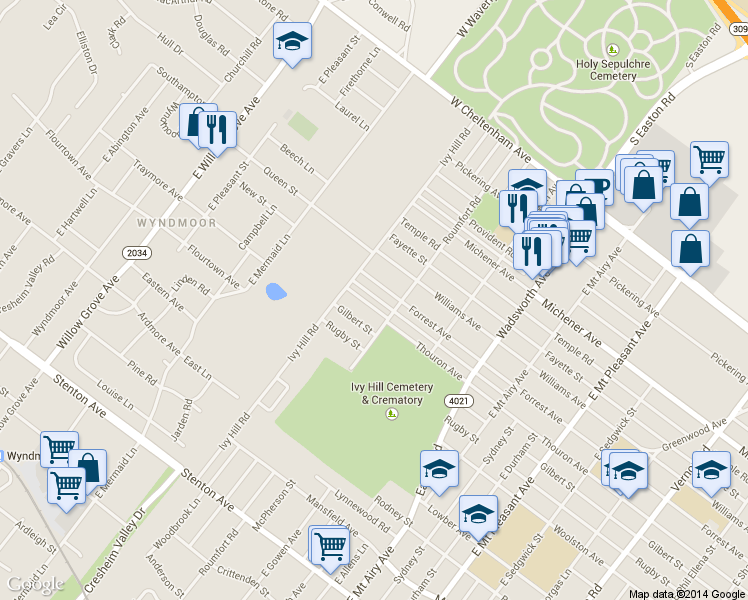 map of restaurants, bars, coffee shops, grocery stores, and more near 8629 Thouron Avenue in Philadelphia