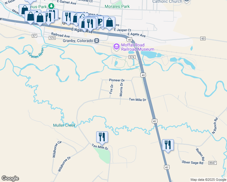 map of restaurants, bars, coffee shops, grocery stores, and more near 20 Fox Drive in Granby