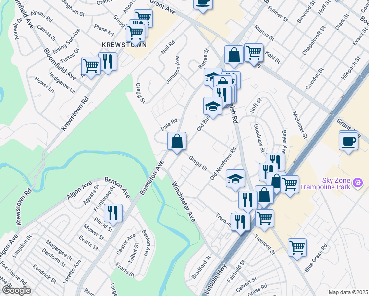 map of restaurants, bars, coffee shops, grocery stores, and more near 9120 Bustleton Avenue in Philadelphia