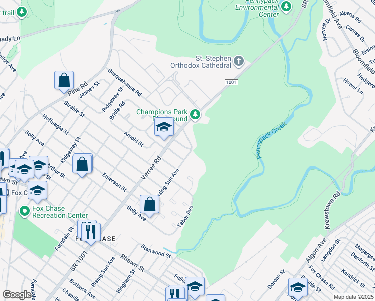 map of restaurants, bars, coffee shops, grocery stores, and more near 8529 Rising Sun Avenue in Philadelphia