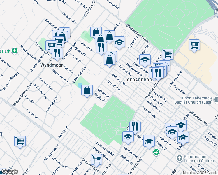 map of restaurants, bars, coffee shops, grocery stores, and more near 8629 Thouron Avenue in Philadelphia