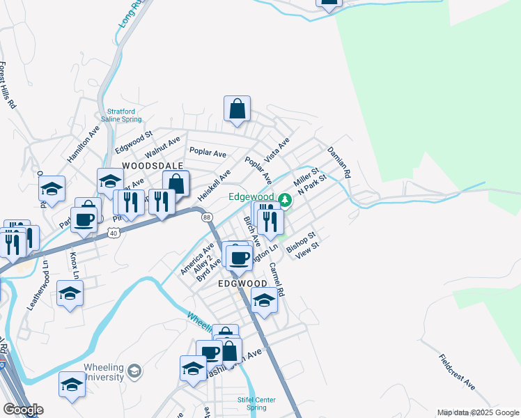 map of restaurants, bars, coffee shops, grocery stores, and more near 5 Birch Avenue in Wheeling