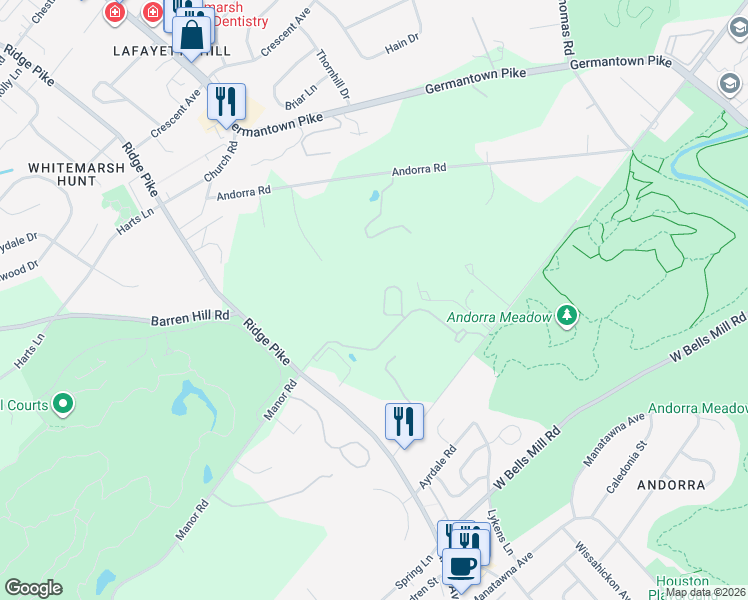 map of restaurants, bars, coffee shops, grocery stores, and more near 9313 Legacy Circle in Lafayette Hill
