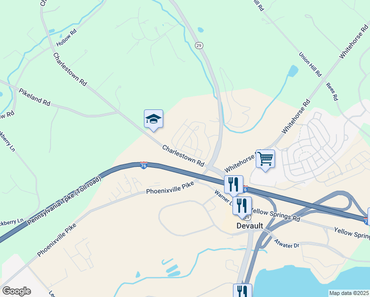 map of restaurants, bars, coffee shops, grocery stores, and more near 102 Shilling Avenue in Malvern