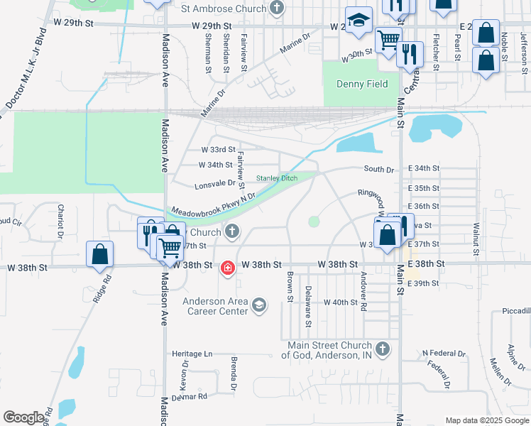 map of restaurants, bars, coffee shops, grocery stores, and more near 343 South Parkway Drive in Anderson