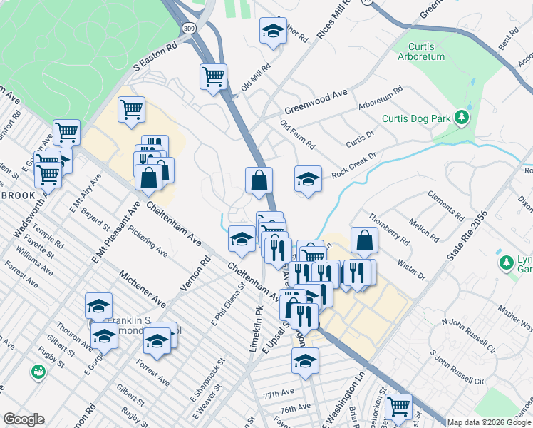 map of restaurants, bars, coffee shops, grocery stores, and more near 8200-8268 Limekiln Pike in Wyncote