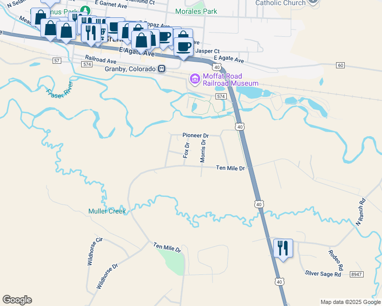 map of restaurants, bars, coffee shops, grocery stores, and more near 20 Fox Drive in Granby