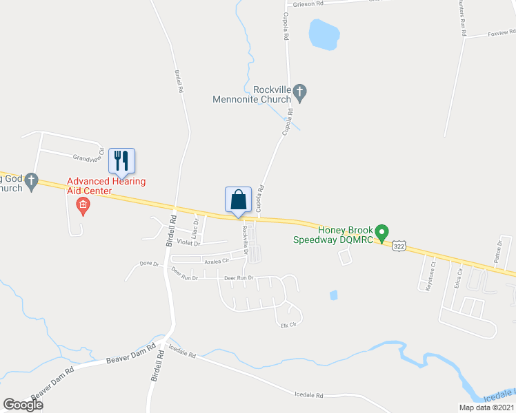 map of restaurants, bars, coffee shops, grocery stores, and more near 26 Cupola Road in Honey Brook