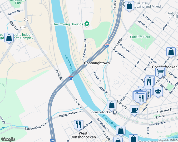 map of restaurants, bars, coffee shops, grocery stores, and more near 515 Conshohocken Road in Conshohocken