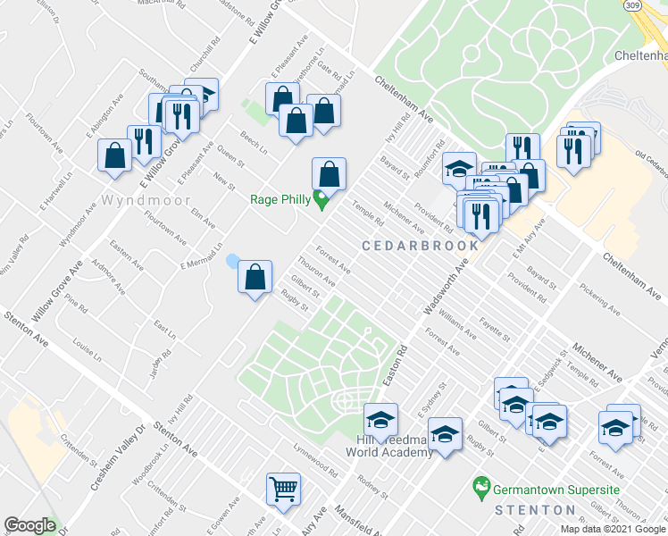 map of restaurants, bars, coffee shops, grocery stores, and more near 8614 Forrest Avenue in Philadelphia