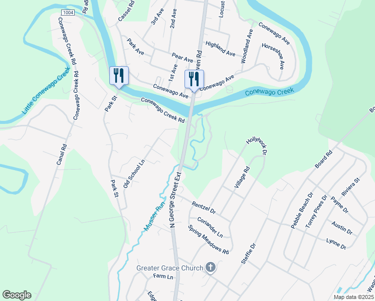 map of restaurants, bars, coffee shops, grocery stores, and more near 5445 North George Street Extension in Manchester