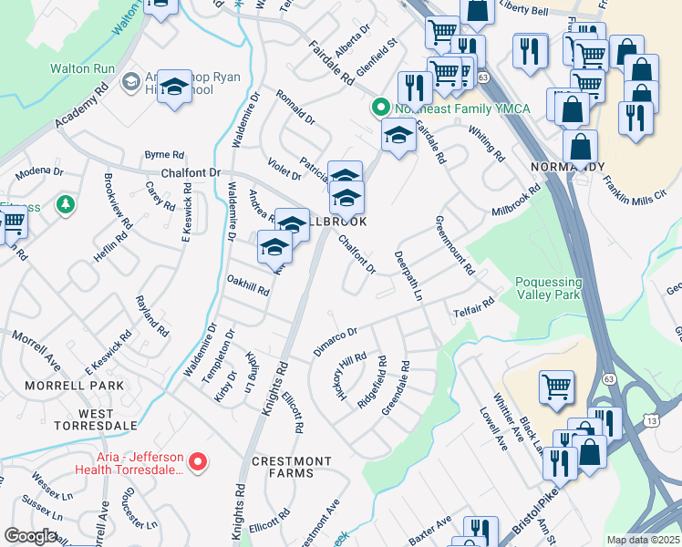 map of restaurants, bars, coffee shops, grocery stores, and more near 11118 Dora Drive in Philadelphia