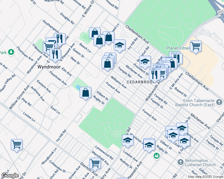 map of restaurants, bars, coffee shops, grocery stores, and more near 8614 Forrest Avenue in Philadelphia