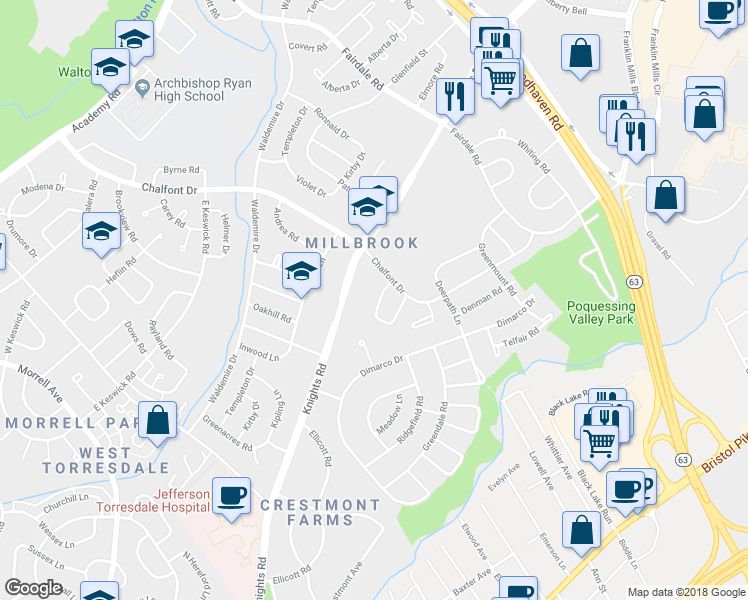 map of restaurants, bars, coffee shops, grocery stores, and more near 11118 Dora Drive in Philadelphia