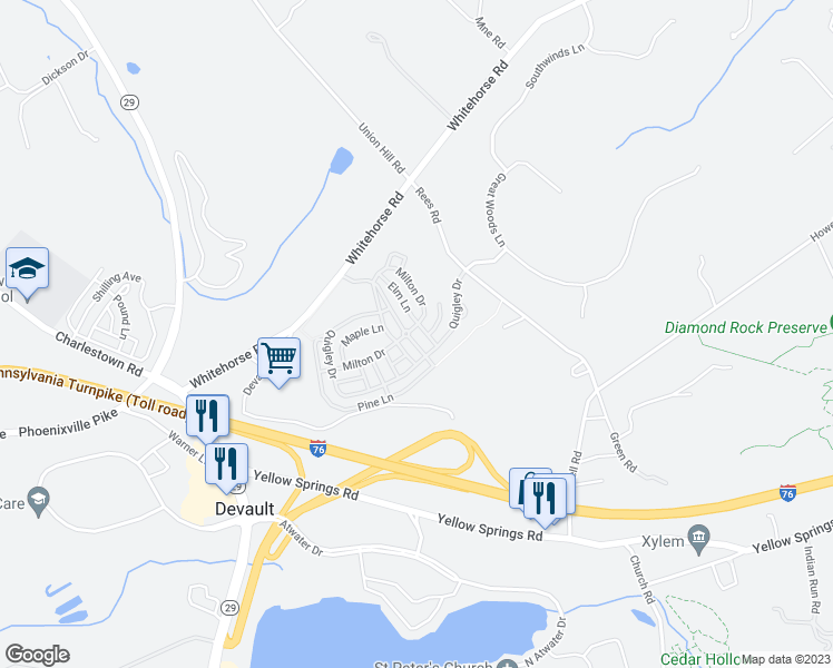 map of restaurants, bars, coffee shops, grocery stores, and more near 149 Spring Oak Drive in Malvern