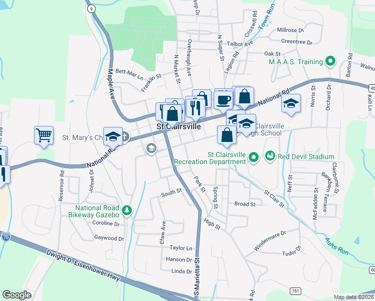 map of restaurants, bars, coffee shops, grocery stores, and more near 100 Park Street in Saint Clairsville