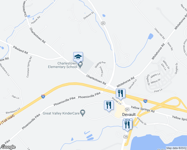 map of restaurants, bars, coffee shops, grocery stores, and more near 102 Shilling Avenue in Malvern