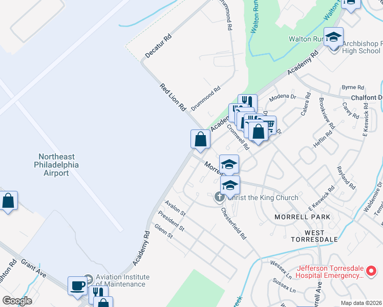 map of restaurants, bars, coffee shops, grocery stores, and more near Morrell Ave & Academy Rd in Philadelphia