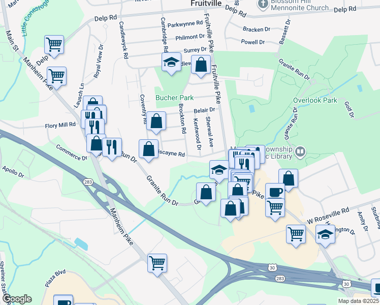 map of restaurants, bars, coffee shops, grocery stores, and more near 2121 Brockton Road in Lancaster