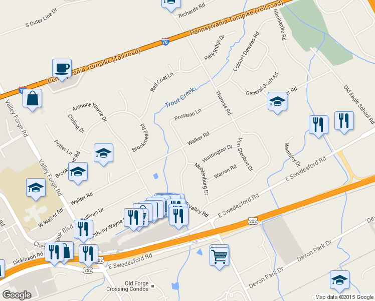 map of restaurants, bars, coffee shops, grocery stores, and more near 1295 West Valley Road in Wayne