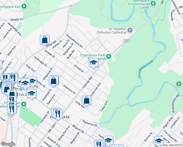 map of restaurants, bars, coffee shops, grocery stores, and more near 8426 Verree Road in Philadelphia
