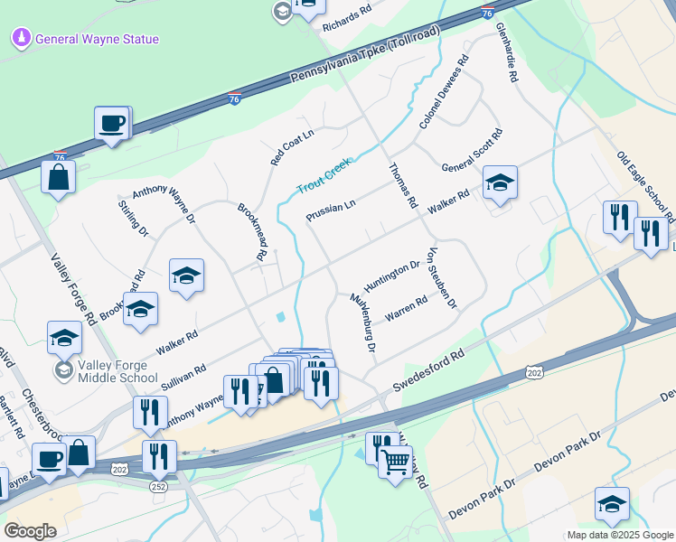 map of restaurants, bars, coffee shops, grocery stores, and more near 1295 West Valley Road in Wayne