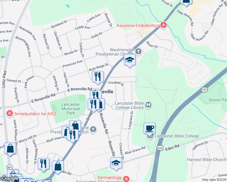 map of restaurants, bars, coffee shops, grocery stores, and more near 1933 Oregon Pike in Lancaster