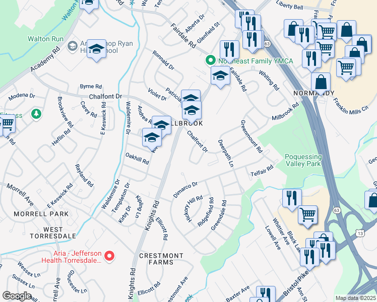 map of restaurants, bars, coffee shops, grocery stores, and more near 11120 Dora Drive in Philadelphia