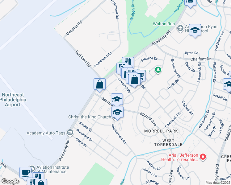 map of restaurants, bars, coffee shops, grocery stores, and more near 10200 Ambridge Place in Philadelphia