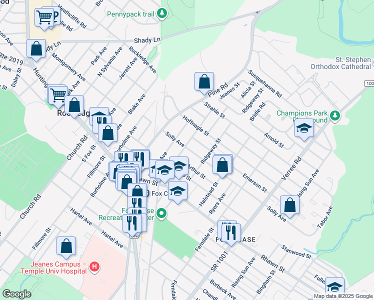 map of restaurants, bars, coffee shops, grocery stores, and more near 8135 Jeanes Street in Philadelphia