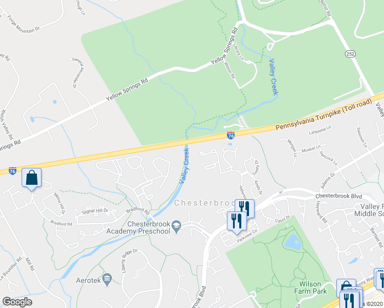 map of restaurants, bars, coffee shops, grocery stores, and more near 1630 Wilson Road in Chesterbrook