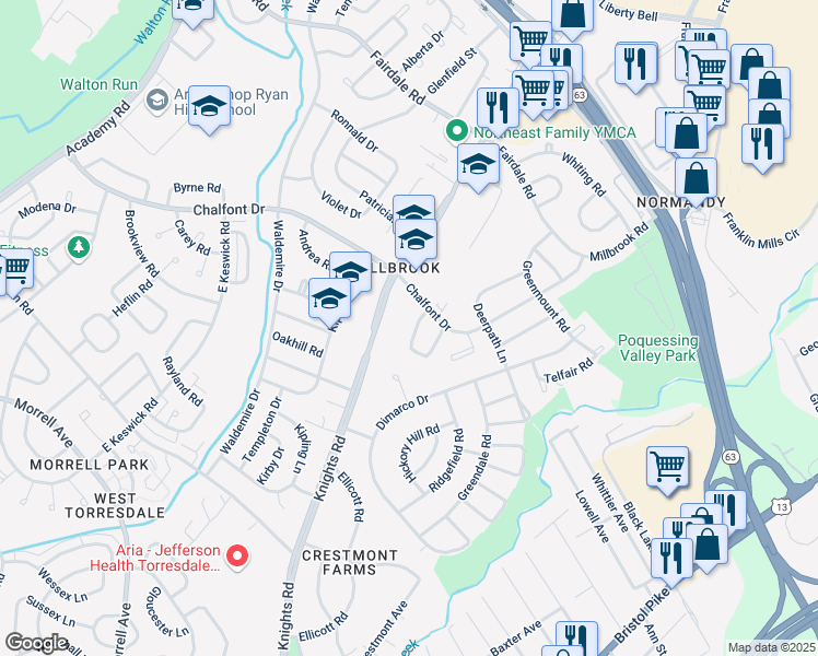 map of restaurants, bars, coffee shops, grocery stores, and more near 11120 Dora Drive in Philadelphia