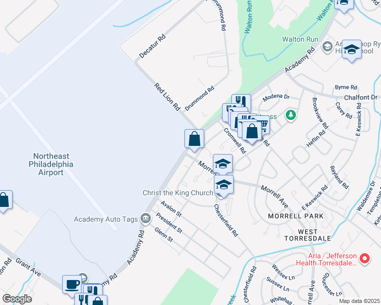 map of restaurants, bars, coffee shops, grocery stores, and more near 3203 Morrell Avenue in Philadelphia