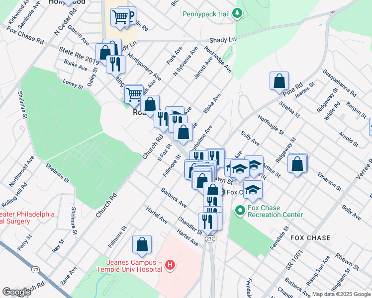 map of restaurants, bars, coffee shops, grocery stores, and more near 7961 Fillmore Street in Philadelphia