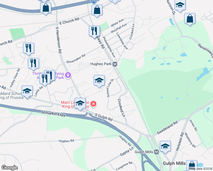 map of restaurants, bars, coffee shops, grocery stores, and more near 636 School Line Drive in King of Prussia