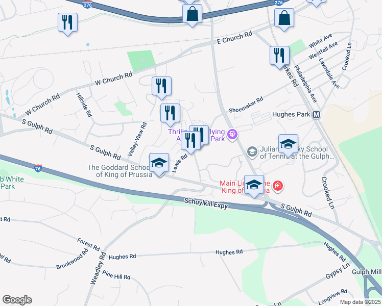 map of restaurants, bars, coffee shops, grocery stores, and more near 580 Lewis Road in King of Prussia