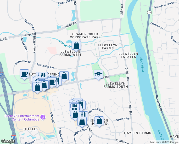 map of restaurants, bars, coffee shops, grocery stores, and more near 5500 Frantz Road in Dublin