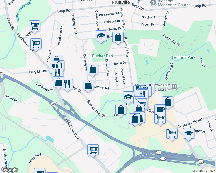 map of restaurants, bars, coffee shops, grocery stores, and more near 2124 Brockton Road in Lancaster