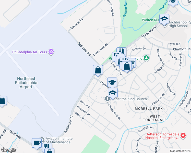 map of restaurants, bars, coffee shops, grocery stores, and more near 3201 Morrell Avenue in Philadelphia