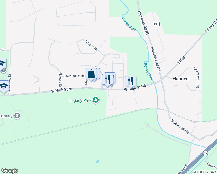 map of restaurants, bars, coffee shops, grocery stores, and more near 2255 West High Street Northeast in Newark