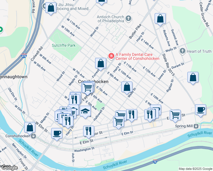 map of restaurants, bars, coffee shops, grocery stores, and more near 711 Harry Street in Conshohocken