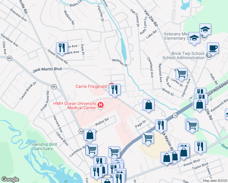 map of restaurants, bars, coffee shops, grocery stores, and more near 51 Albert Cucci Drive in Brick