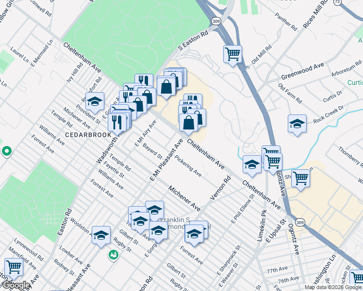 map of restaurants, bars, coffee shops, grocery stores, and more near 1610 East Mount Pleasant Avenue in Philadelphia
