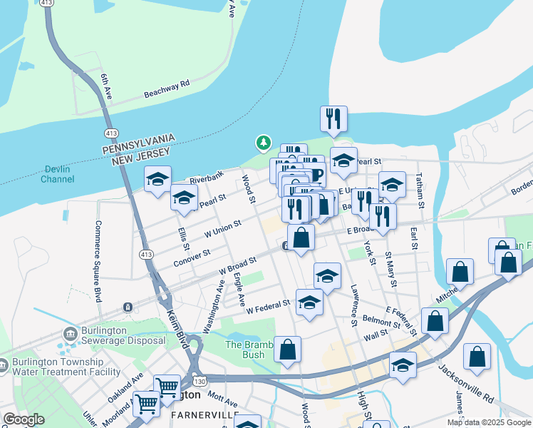 map of restaurants, bars, coffee shops, grocery stores, and more near 313 Wood Street in Burlington