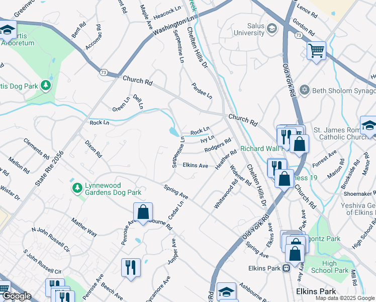 map of restaurants, bars, coffee shops, grocery stores, and more near 7904 Rodgers Road in Elkins Park