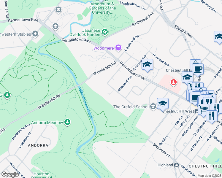 map of restaurants, bars, coffee shops, grocery stores, and more near 452 West Chestnut Hill Avenue in Philadelphia
